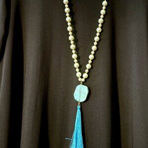 Faux pearl, turquoise and tassel necklace